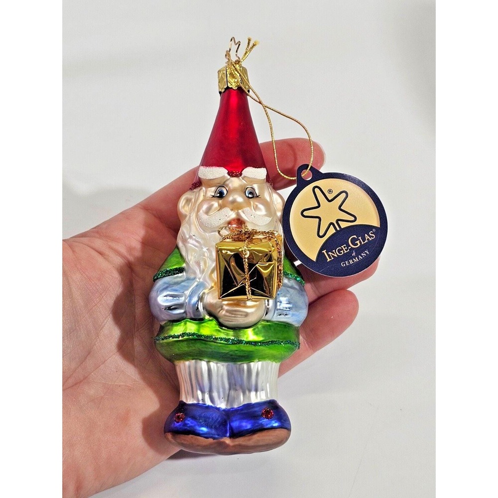 NEW VINTAGE Inge-Glas Christmas Blown Glass Ornament Santa Claus‎ Elf w lantern